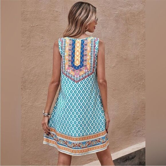 Elescat Boho Sleeveless Tshirt Dress with Pockets Blue Multi Size M - Picture 4 of 4